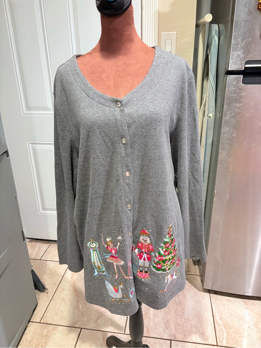 Quacker Factory Gray Holiday Embroidered Cardigan